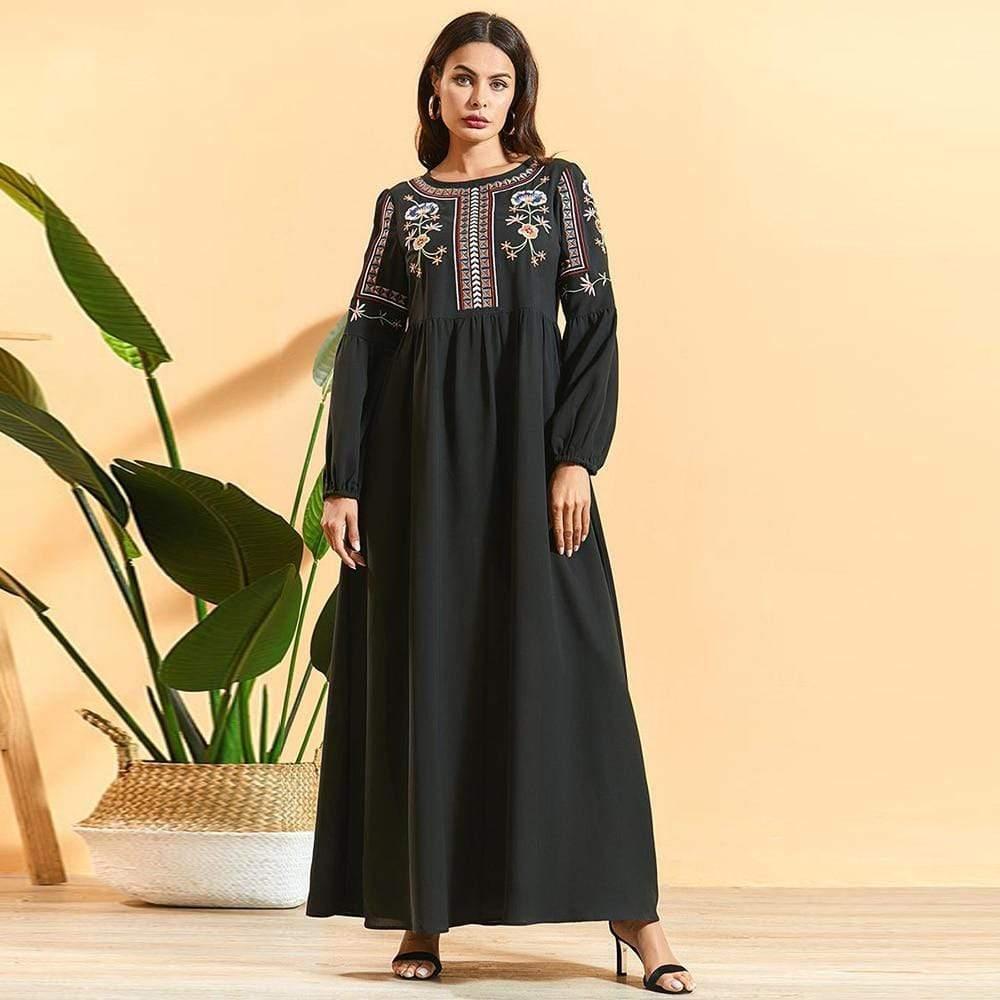 black maxi dress ethnic floral embroidery – Upperdo
